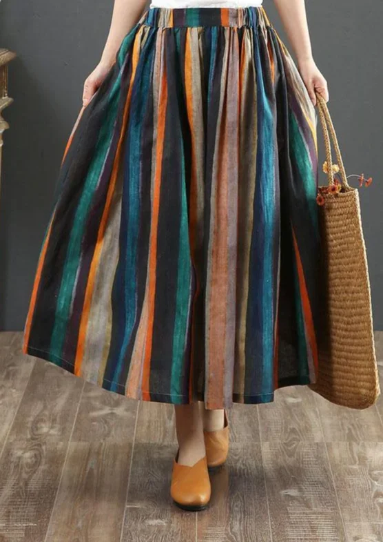 Women Striped A Line Retro Print Linen Skirts