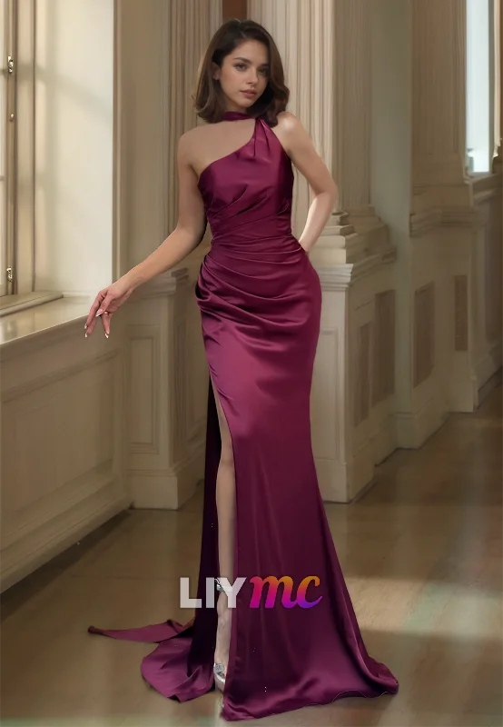 One Shoulder Strapless Pleated Sleek Satin Sheath Formal Dress