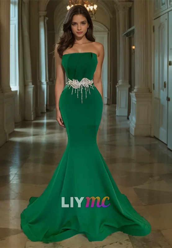 Straight Across Sleeveless Beaded Mermaid Prom Dress