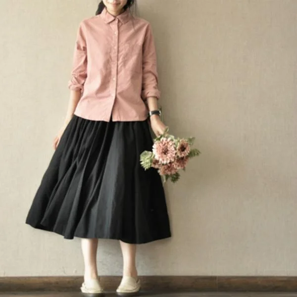 summer black vintage linen skirt casual A line cotton skirts cotton elastic waist