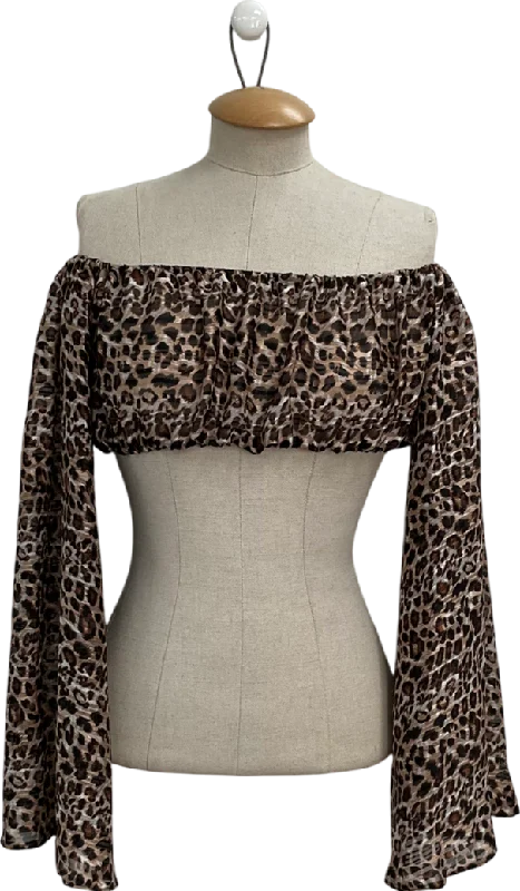 Lola Rae Brown Kyma Leopard Print Flared Sleeved Off The Shoulder Top UK S/M