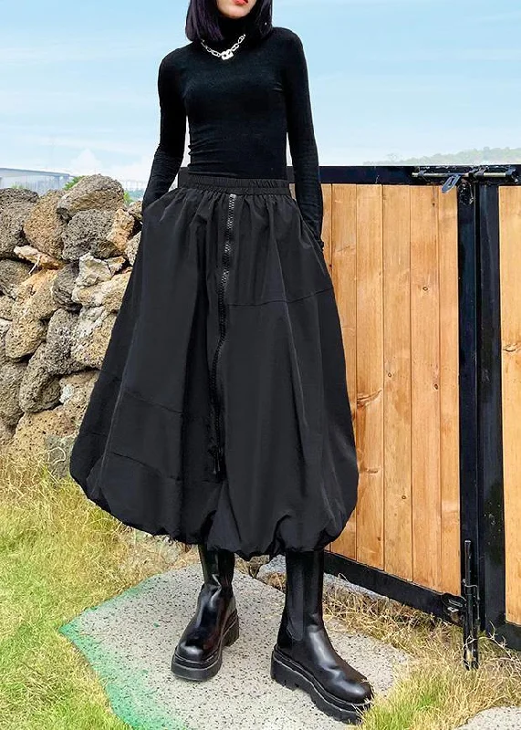 Black Skirt Women's High Waist Medium Length A-line Pompous Skirt