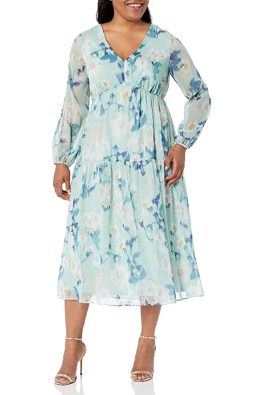 Adrianna Papell AP1E209021 W V-Neck Long Sleeve Formal Floral Print Dress