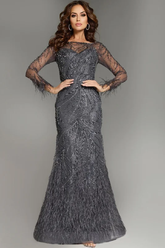 Jovani 37560 Fitted Long Sleeve Feather Evening Formal Dress