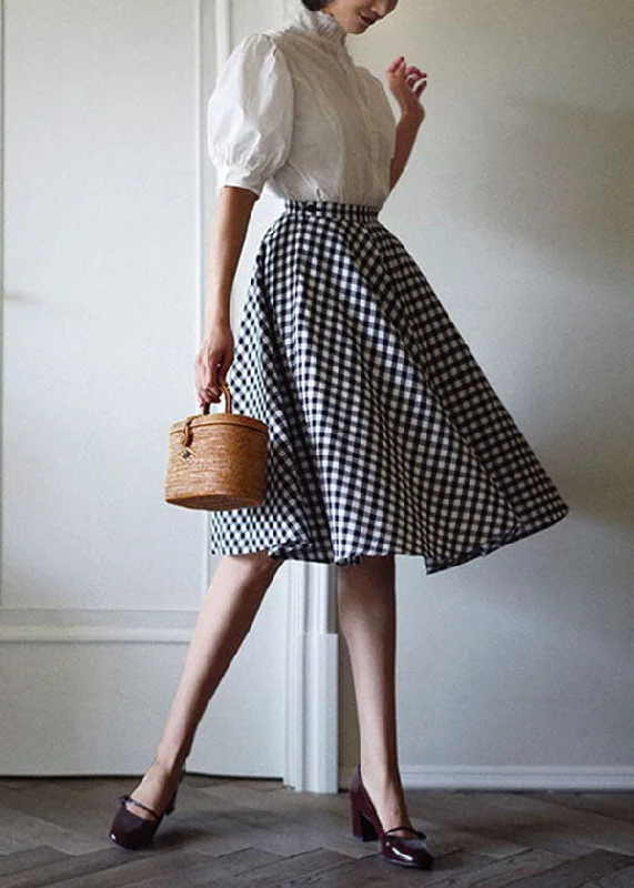 Women Black White Plaid High Waist Cotton A Line Skirts Spring