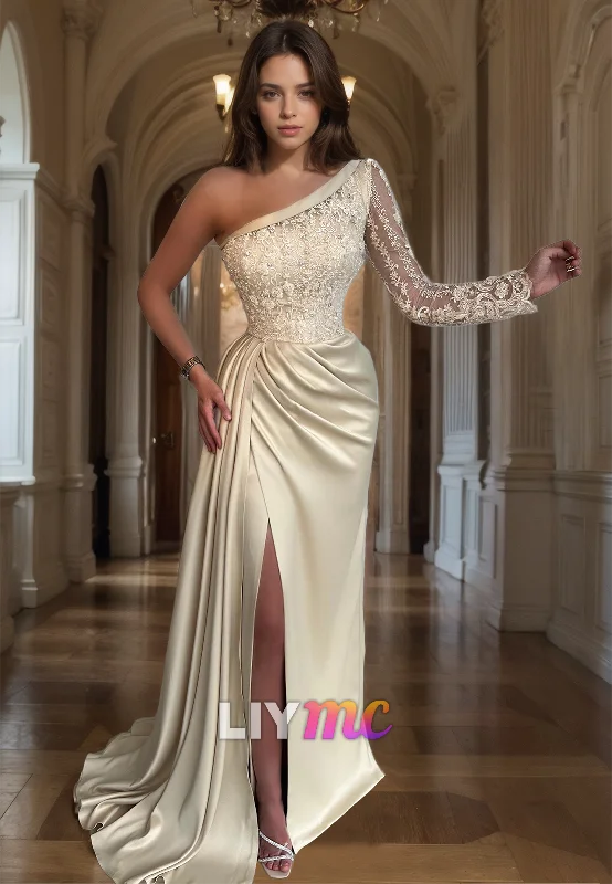 One Shoulder Long Sleeves Appliques Ruched Sheath Prom Dress