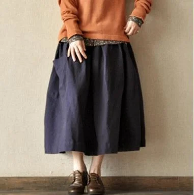 Navy retro linen skirts big pockets casual maxi skirts