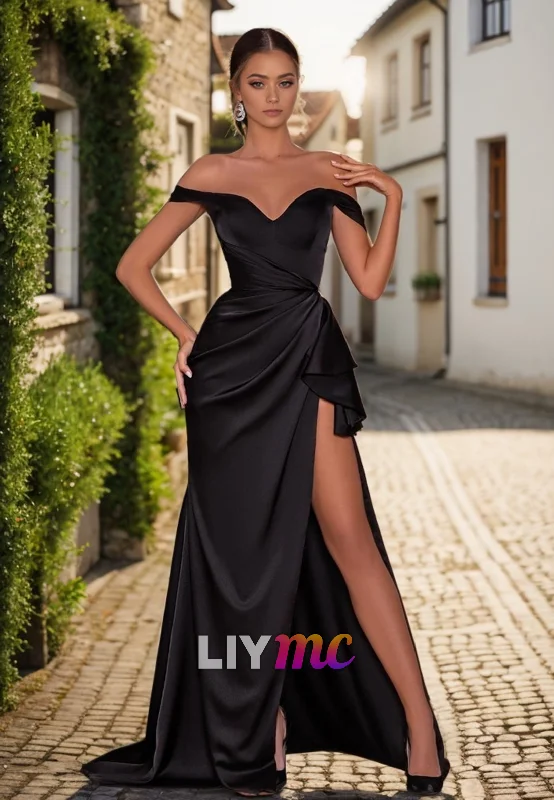 LP2306 - Off-Shoulder Pleated High Slit Sleek Satin Sheath Prom Dress