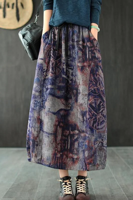 Casual Retro Print Elastic Waist Wild Skirt