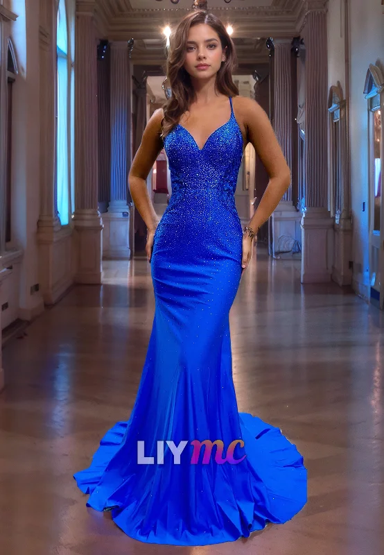 V-Neck Spaghetti Straps Beaded Sparkly Mermaid Prom Dress