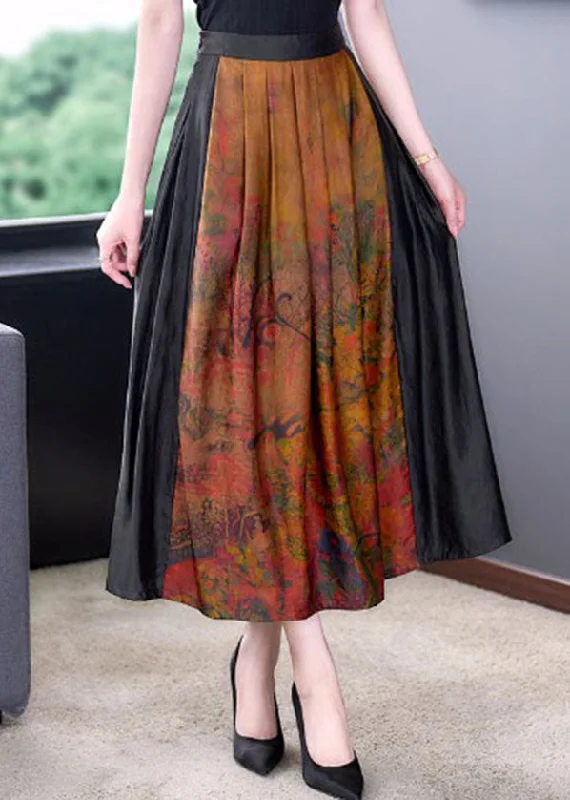 Stylish Colorblock High Waist Patchwork Exra Large Hem Silk Pleated Skirt Summer