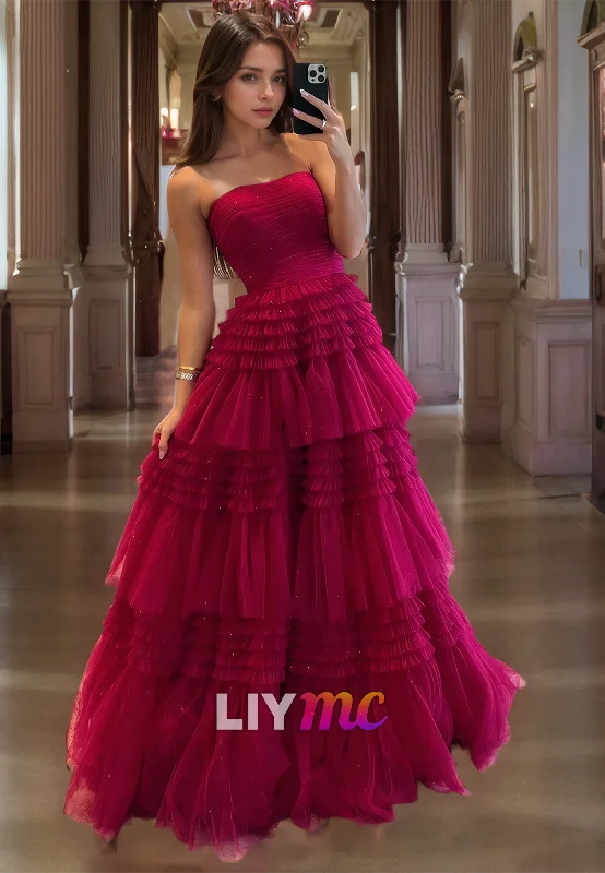 Strapless Sleeveless Tulle Ball Gown Prom Dress