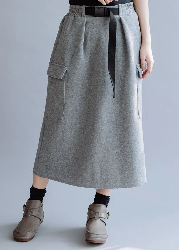 Modern Grey Elastic Waist Solid Pockets Cotton Skirt Fall