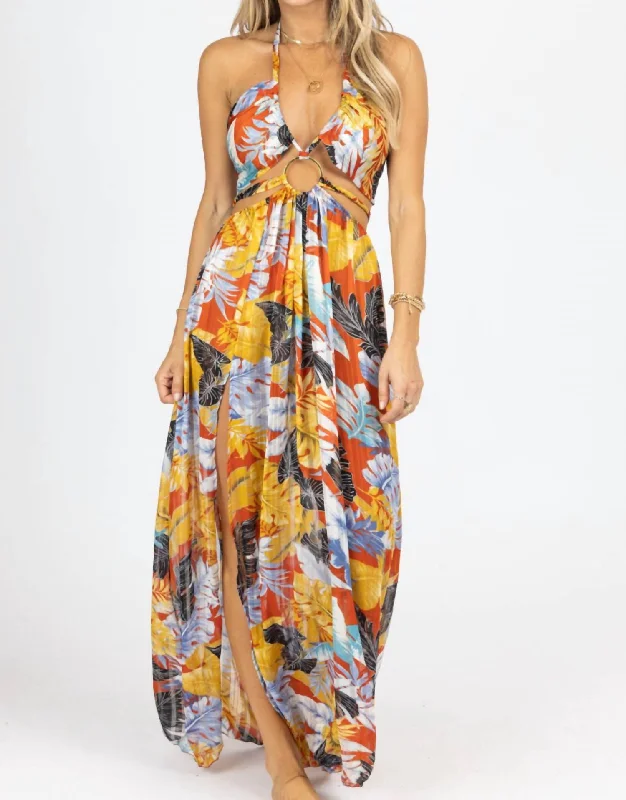 Tropical High Slit Maxi Cover Up In Rust