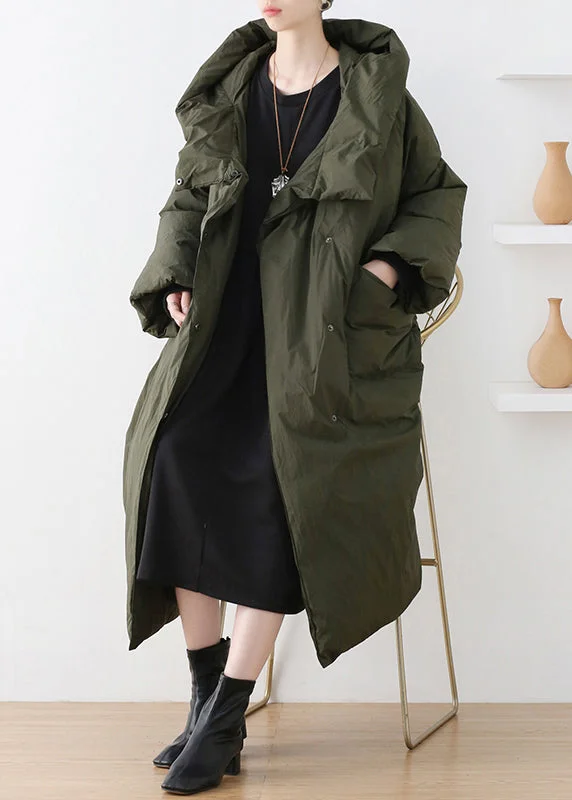 Casual Army Green Turtleneck Zippered Duck Down Hooded Long Down Coat Winter