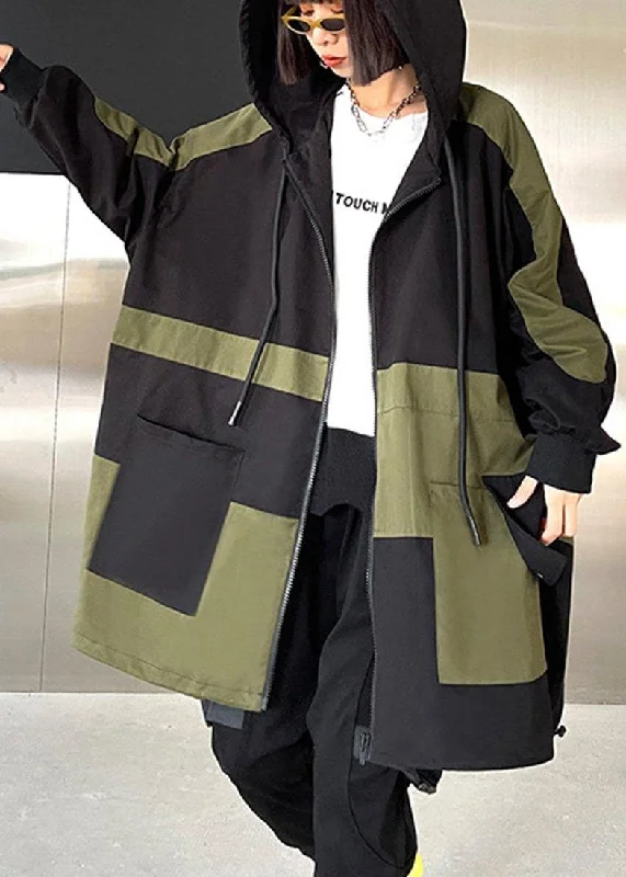 Chic Black Pockets Cotton zippered Spring Hoodie Coat