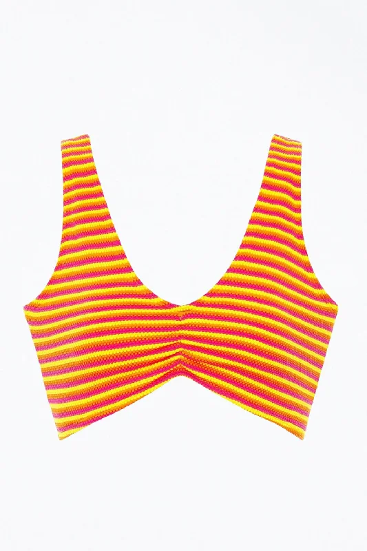 Kim Ruched Variation Bikini Top In Neon Stripe