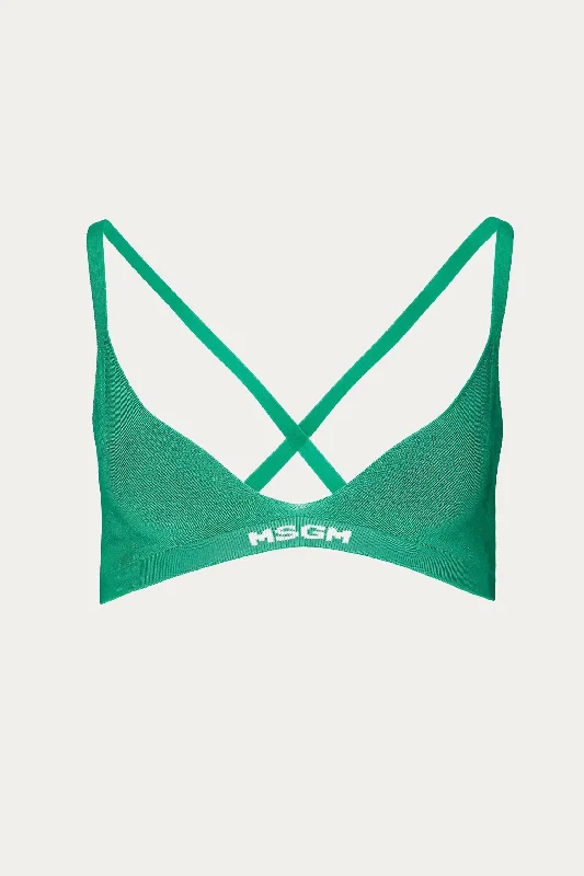 Ribbed Knit Logo-Hem Bra In Green