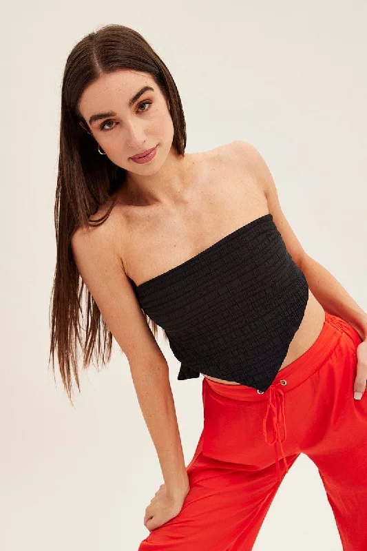 Black Shirred Strapless Tie Back Bandana Hem Top