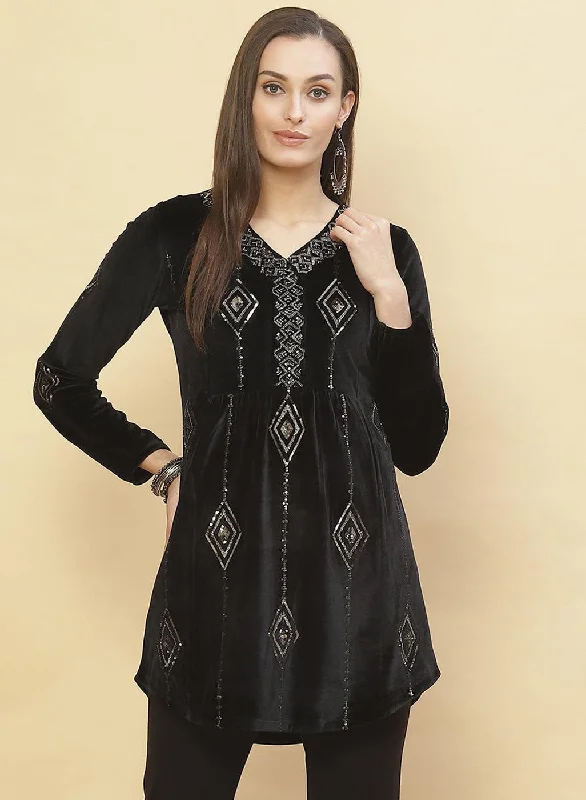 Charcoal Black Embroidered Velvet Tunic With Sequins