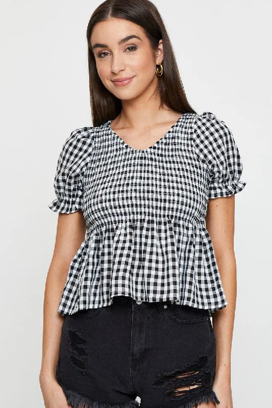 Check Puff Sleeve Top Short Sleeve