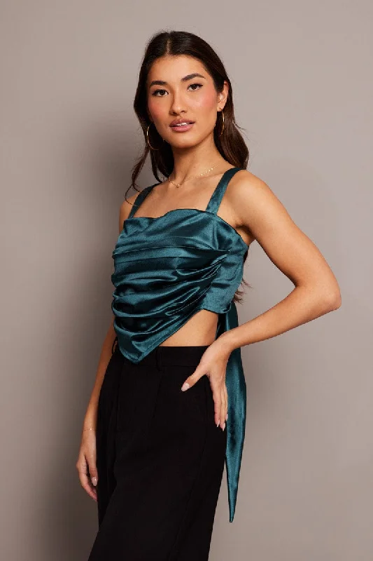 Green Satin Tie Back Top