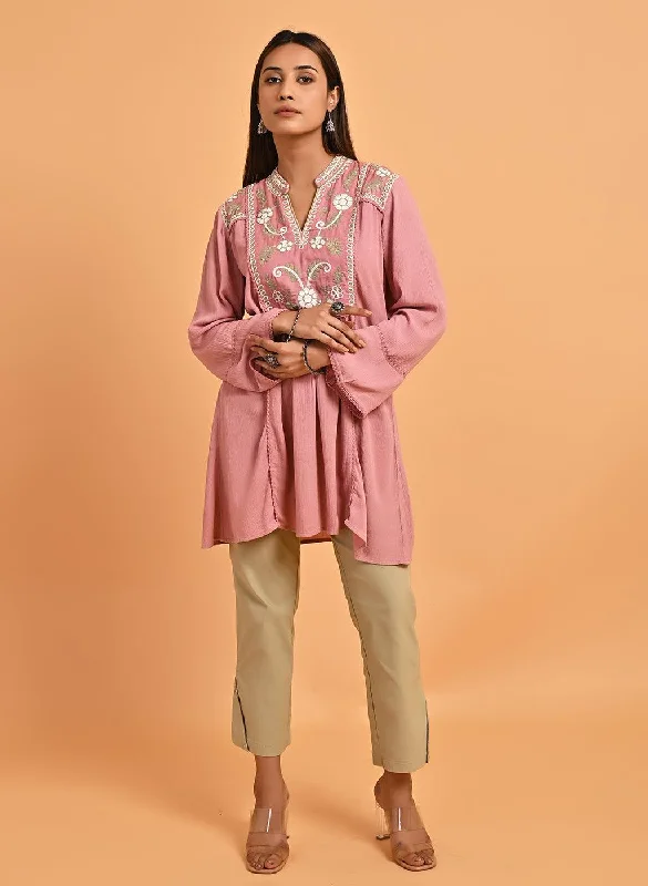 Pink Collared Tunic with Embroidery at Yoke