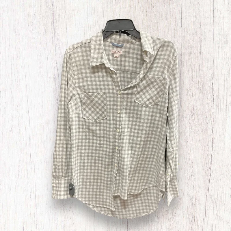 Grey White Blouse Long Sleeve Merona, Size M